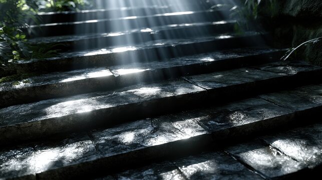 Sunlight rays shine down on stone stairs in a forest. This image represents a path to enlightenment or peaceful nature.
