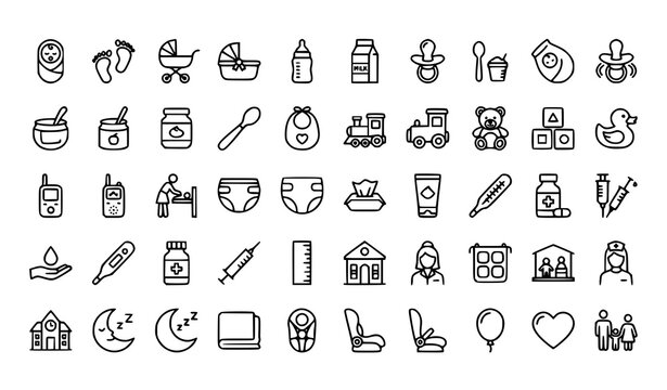 Minimal Baby Care and Parenting Line Icons Editable Stroke Pixel Perfect 64x64 Vector Set