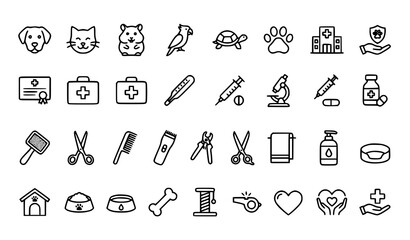 Obraz premium Minimal Pet Veterinary and Grooming Service Line Icons Editable Stroke Pixel Perfect 64x64 Vector Set