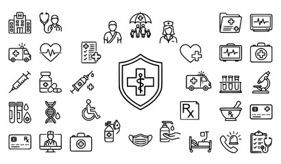 Fototapeta premium Medical Healthcare Insurance Outline Icon Pack Editable Stroke Pixel Perfect 64x64 Minimal Vector Symbols