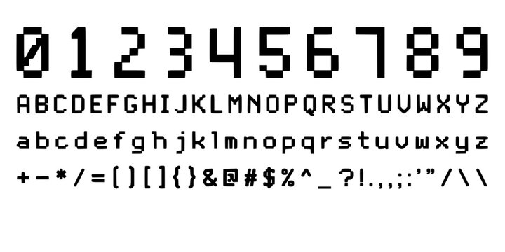 Digital Display of Alphanumeric Characters and Symbols in Pixelated Font Style Featuring Typeface, Letters, Numbers with Signs