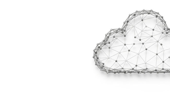 Cloud computing network with interconnected nodes and lines forming a complex structure