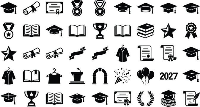 Graduation Icons Collection Flat Silhouette Style On White Background mortarboard