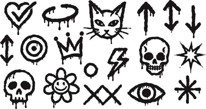 Graffiti icons with dripping paint effect in black isolated on white background for graphic design