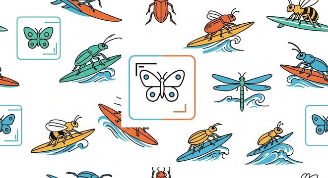 insects surfing colorful pattern