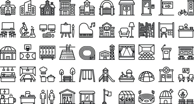 Building Icons Collection Linear Style On White Background architecture buildings