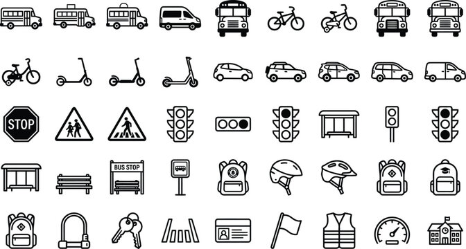Transportation Icons Collection Black Line Art On White Background vehicle