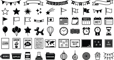Collection Of Flat Black Icons On White Background School And Celebration Themes © Farhan