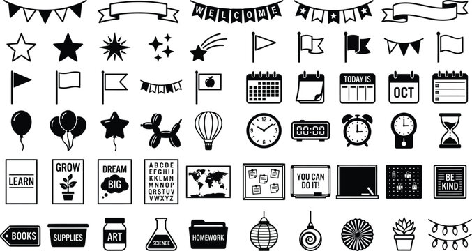 Collection Of Flat Black Icons On White Background School And Celebration Themes
