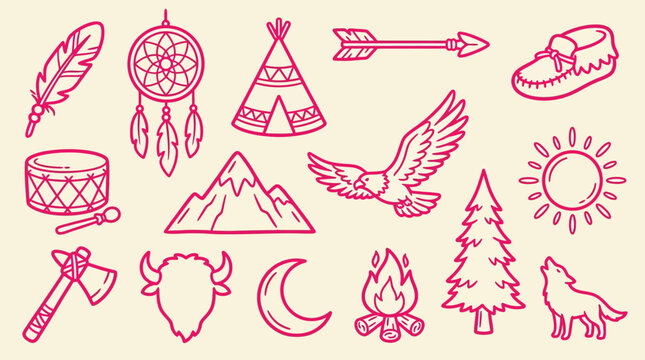 Collection of Native American inspired icons and symbols in a simple line art style.