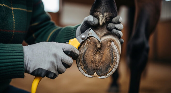 Person trimming horse hoof with yellow handled nippers in a barn