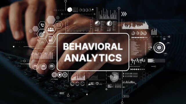 Hands typing on keyboard with graphical elements focused on behavioral analytics and data science concepts for digital insights. Asymptotic smart data analytic.