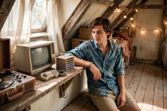 Young Man with Retro Gaming Console in Attic