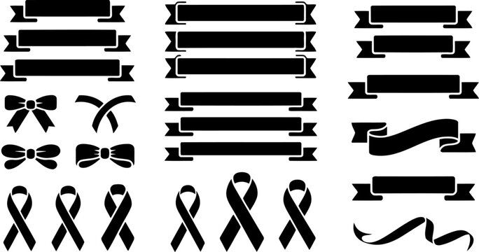 Assortment of black silhouette ribbon and bow tie on a white background Transparent Background