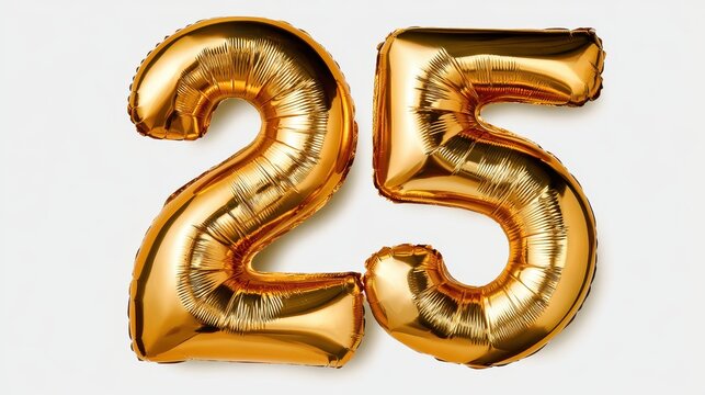 Shiny gold metallic foil balloons in the shape of number 25, isolated on white background. Perfect for birthday.