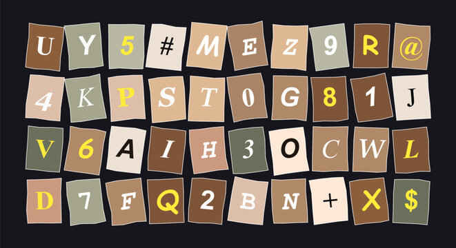 Brown paper stickers organized in grid layout featuring alphanumeric characters and symbols against solid black background.