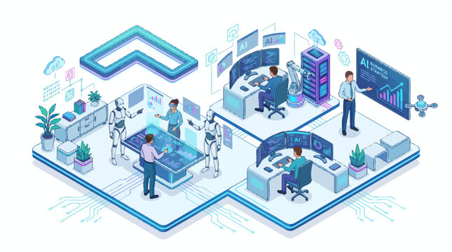 Isometric representation of a modern smart office featuring artificial intelligence integration and data analytics workstations