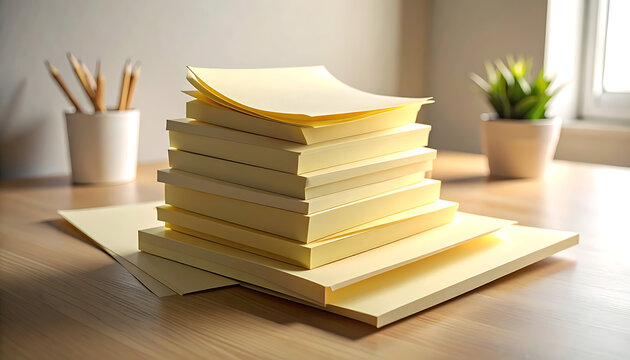 Stack of blank paper on desk.