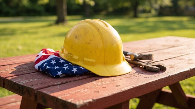 Hard hat with American flag and work tools on rustic picnic table