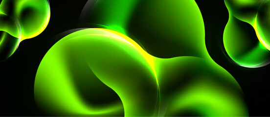 Naklejka premium Abstract green shapes blend, creating luminous curves. Smooth gradients suggest flowing energy, dynamic composition. Dark background emphasizes bright forms.