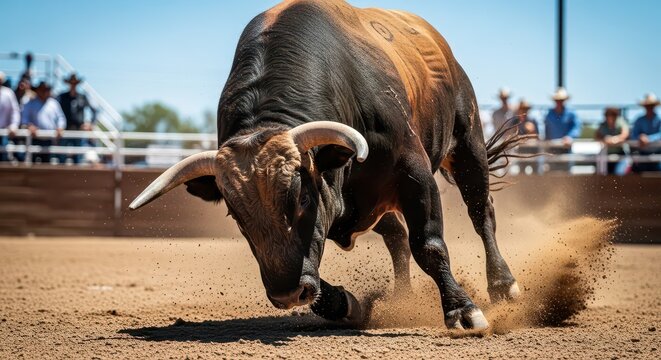 Bull charging in rodeo arena with dust flying. Aggressive livestock performance during competitive bull riding event.
