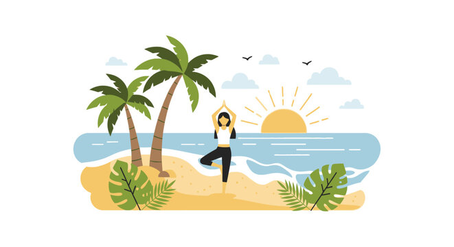 Serene yoga practice on a tropical beach at sunset