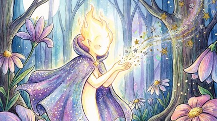 Magical fantasy fairy spreading light particles in an enchanted flower forest with glowing light fairy tale fantasy art fantasy character magical spirit fairy magic enchanted garden character © Fazle Rabbi