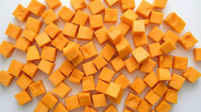 Fresh raw pumpkin cubes isolated on white background