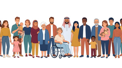 Obraz premium Diverse multicultural group of people including seniors, adults, children, and a person in a wheelchair