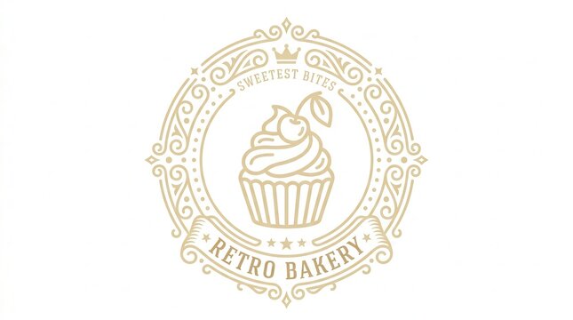 Retro Bakery Logo with Cupcake and Cherry, Vintage Emblem, Golden Design