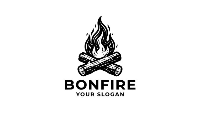 Vintage bonfire logo with wood logs and flames illustration