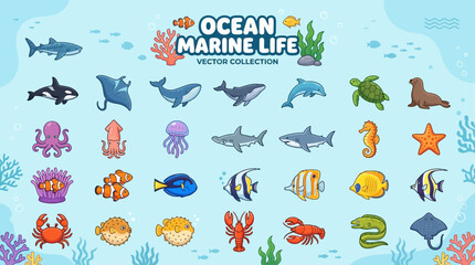 Ocean marine life cartoon vector illustration set with cute sea animals fish shark whale turtle jellyfish crab octopus © Simon