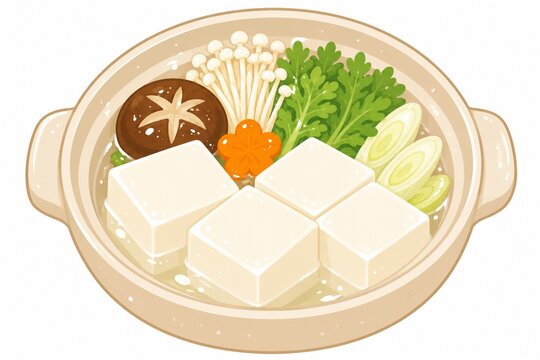 白い土鍋に豆腐やえのき、水菜など具材がたっぷり入った湯豆腐の和食イラスト