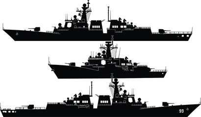 Naval warship silhouette illustration set, destroyer frigate military ship artwork, defense vector design concept © Anonto