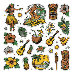 Hawaiian Culture and Tropics Sticker Set with Surfer and Tiki © Choate