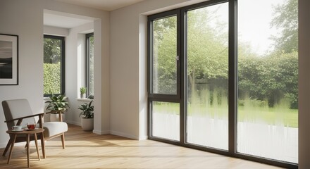 Fototapeta premium Modern luxury living room with floor-to-ceiling windows overlooking garden. Spacious open-plan interior flooded with natural light and serene outdo...