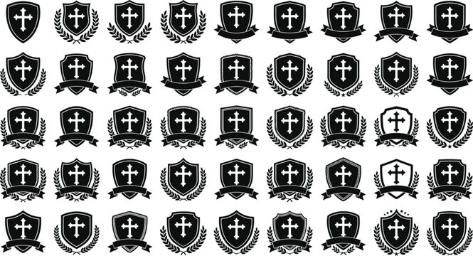 Medieval Christian shield crest vector bundle with holy cross laurel wreaths and blank banner ribbons