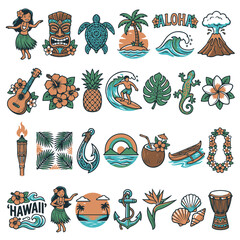 Hawaiian Tropical Paradise Icons with Aloha Text and Volcano © Choate