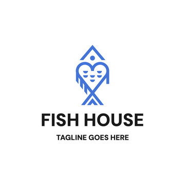 Modern Fish House Logo with Geometric Fish Icon and Bold Typography. Modern minimalist Fish House logo featuring a stylized geometric fish icon with clean lines and bold typography. 