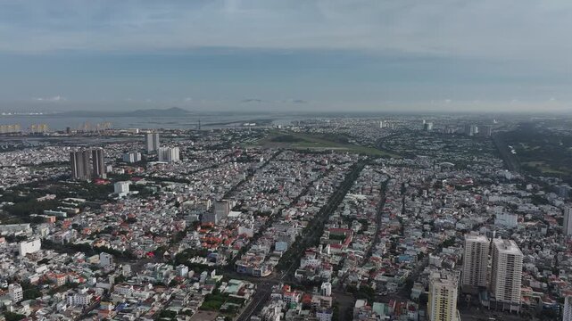 Aerial view of Vung Tau Ward, Ho Chi Minh City, Vietnam, featuring the Martyrs Monument, Bau Sen Lake and Big Mountain amid the scenic urban landscape of this coastal city.