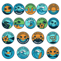 Tropical Hawaiian Island Scenes Collection Set of Graphic Badges © Choate