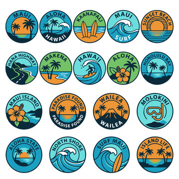 Tropical Hawaiian Island Scenes Collection Set of Graphic Badges