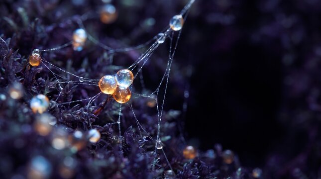 Macro view of tiny glowing orbs and dewdrops suspended on delicate web over dark purple foliage