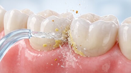 Fototapeta premium A close-up view of a dental water flosser removing plaque and debris from between healthy human teeth.