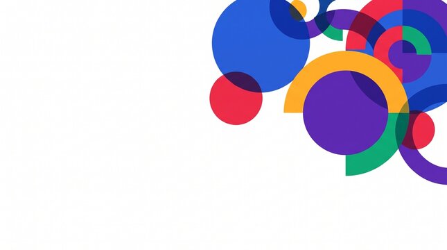Abstract composition of overlapping colorful circles and semi-circles on a clean white background, modern geometric art design for creative layouts