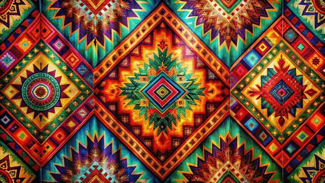 A vibrant watercolor tapestry adorned with aztecinspired patterns and tribal motifs in a swirling abstract dance of color