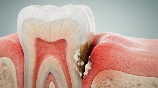 A cross-section illustration of a human tooth showing deep decay, gum inflammation, and bone loss.