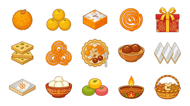 Set of colorful traditional Indian sweets and festive elements for celebration.