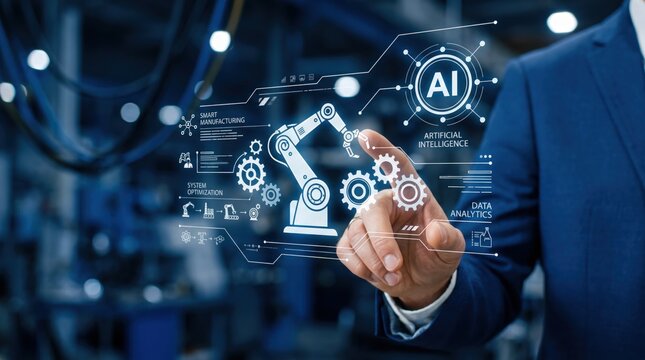 Businessman interacting with artificial intelligence hologram interface showing smart manufacturing robot arm and data analytics, industry 4.0 automation technology and digital ...