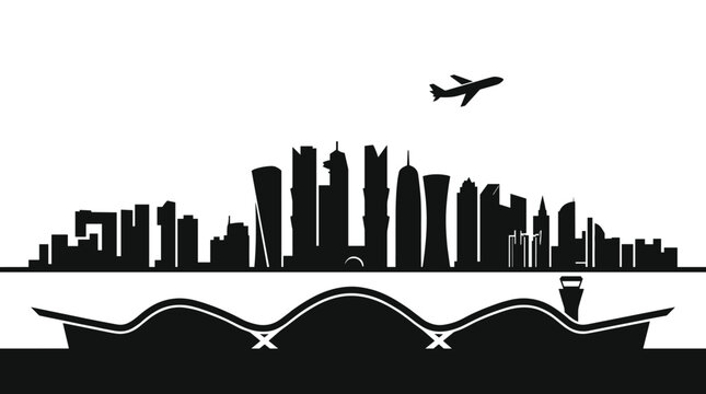 Doha skyline silhouette and airplane flying over hamad airport roof vector graphic for qatar travel branding